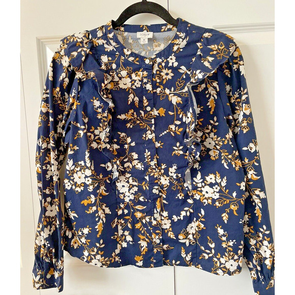 J Crew Shirt Women Medium Navy Gold Ruffle Trim Shoulder Chest Cotton Shirt - Picture 1 of 11
